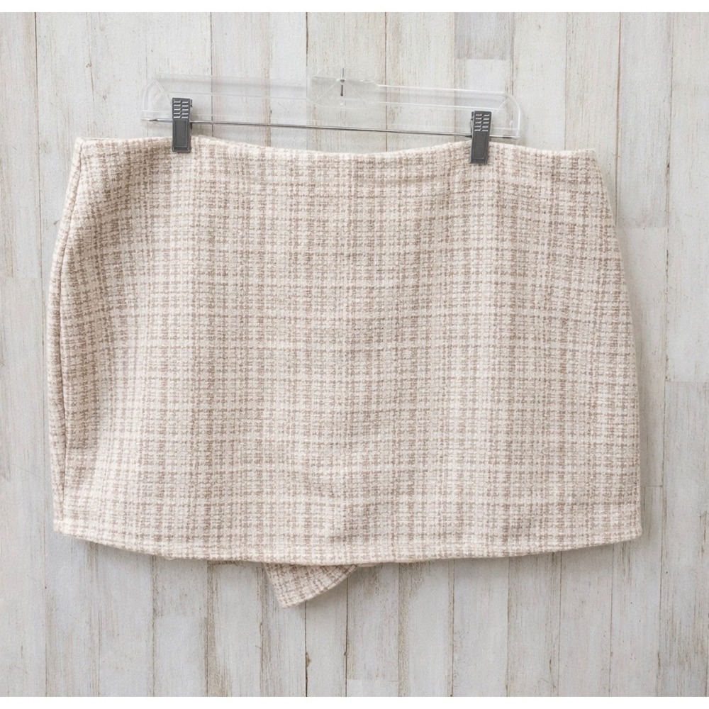 Arula Tweed Plaid Mini Skirt Womens Size X (14-16) Beige Tan Textured